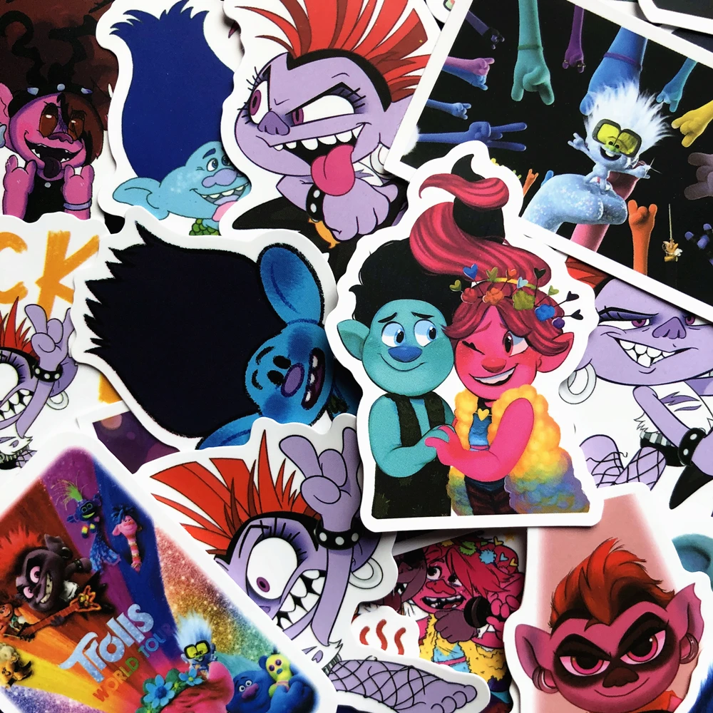 Pegatinas impermeables de Trolls de dibujos animados, funda de equipaje de guitarra, pegatinas de coche, pegatinas 3D bonitas de colecci&oacute;n de recortes, 50 Uds.-1