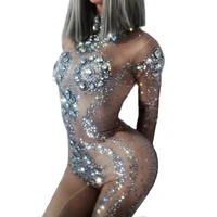 sparkling rhinestones long sleeve skinny women jumpsuits stage outfit bar ds dance bodysuit evening prom costumes