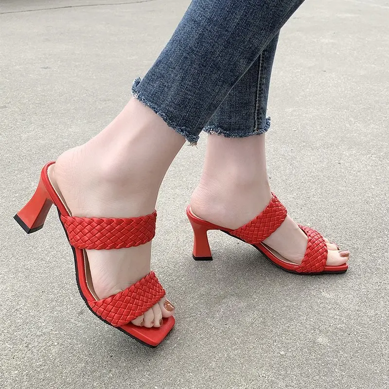 

New Square High Heels Slippers Summer Women Square Toe Sandals Ladies Pu Leather Plaid Outside Female Fashion Woman Shoes Mules