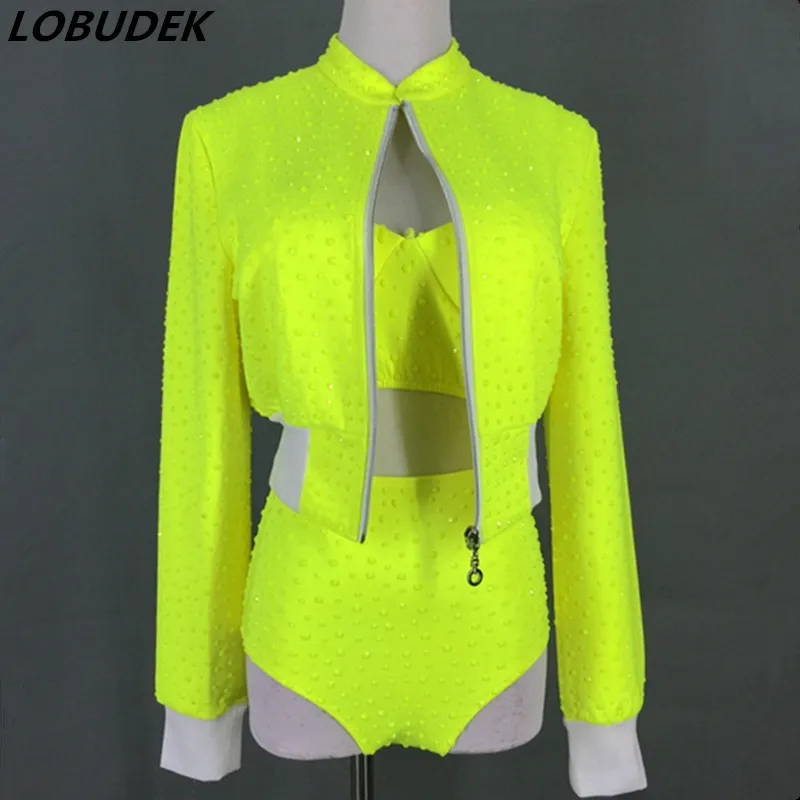 Женский флуоресцентный костюм из 3 предметов зеленый и белый для выступлений