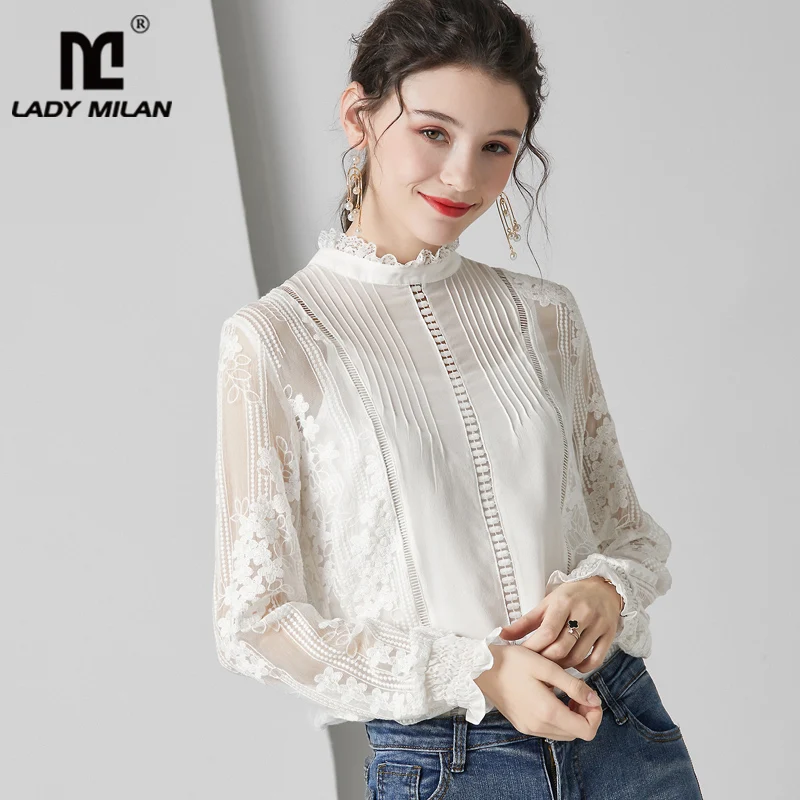 Женские рубашки из натурального шелка со стоячим воротником с длинными рукавами