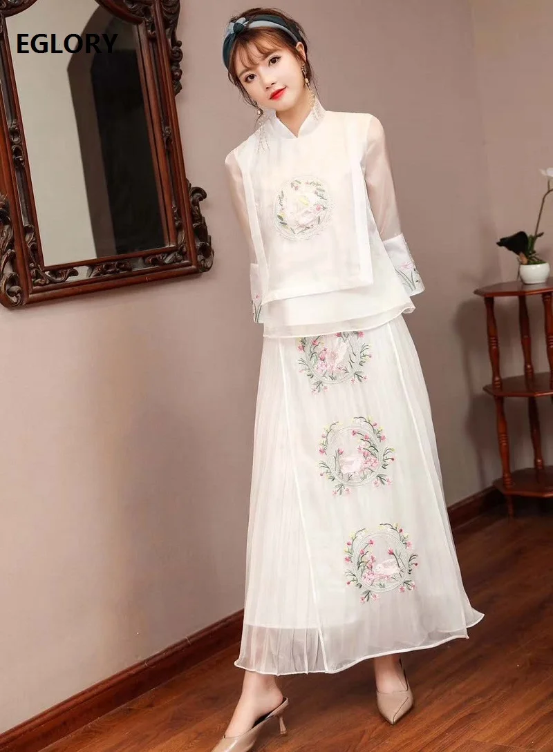 Женский костюм с вышивкой винтажный топ + плиссированная синяя юбка длиной до