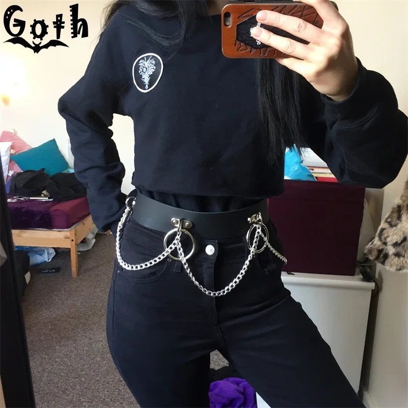 Женский ремень в готическом стиле Goth черный из искусственной кожи на цепочке со