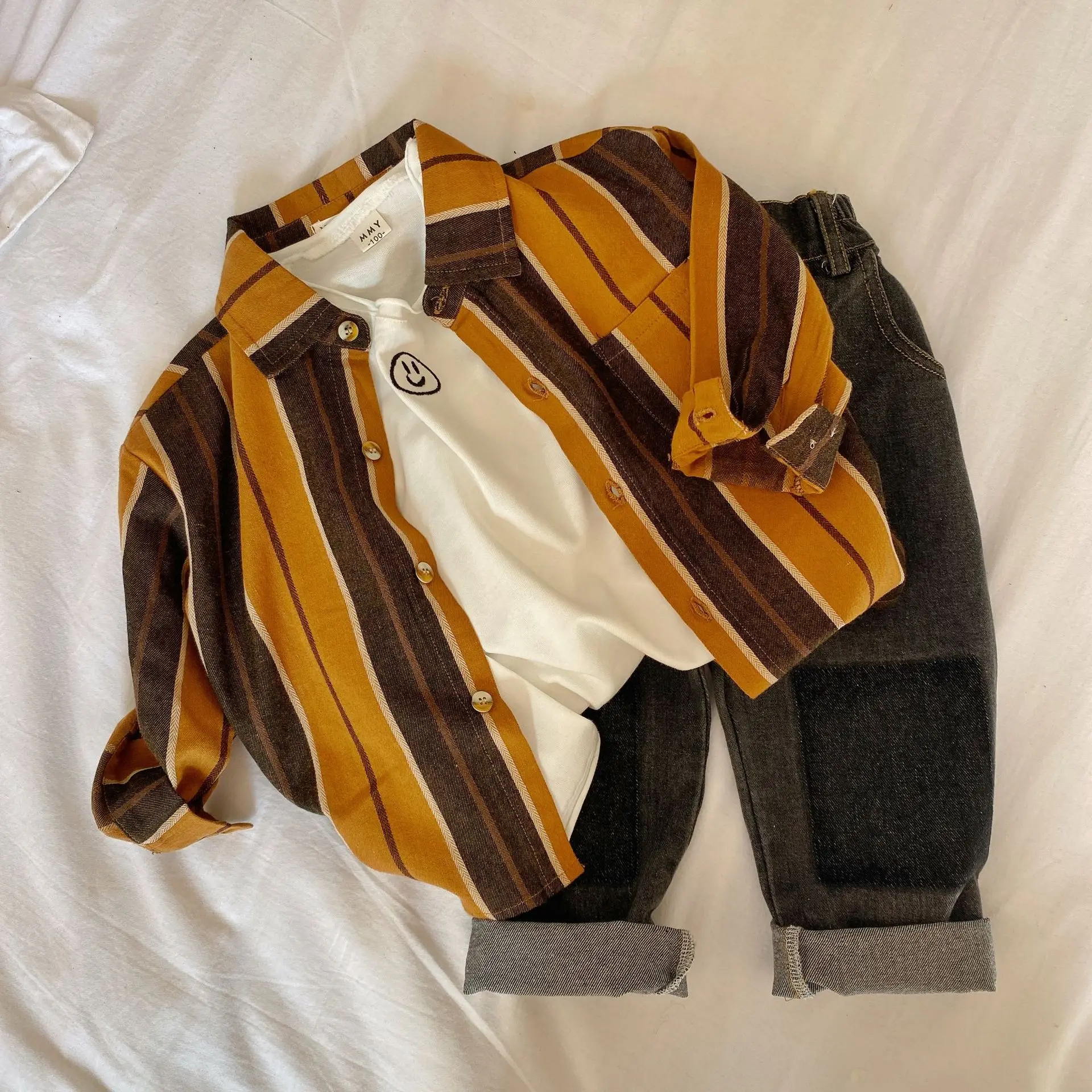 

Children's Shirt 2021 Spring New Baby Boys and Girls Contrast Striped Shirt Baby Korean Casual Top Kids Boys Turn Down Tee Shirt
