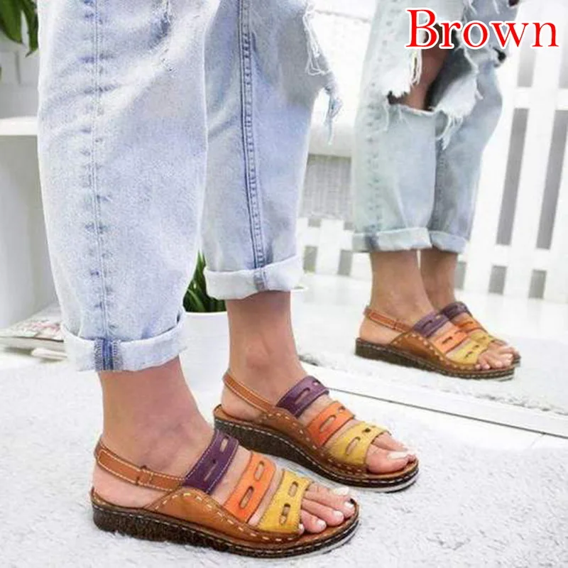 brown-2 MoneRffi/Прямая поставка; летние женские босоножки на плоской подошве; женская обувь на танкетке из искусственной кожи; сандалии; повседневные Вьетнамки; Femme; Босоножки на платформе - Цвет: brown-2