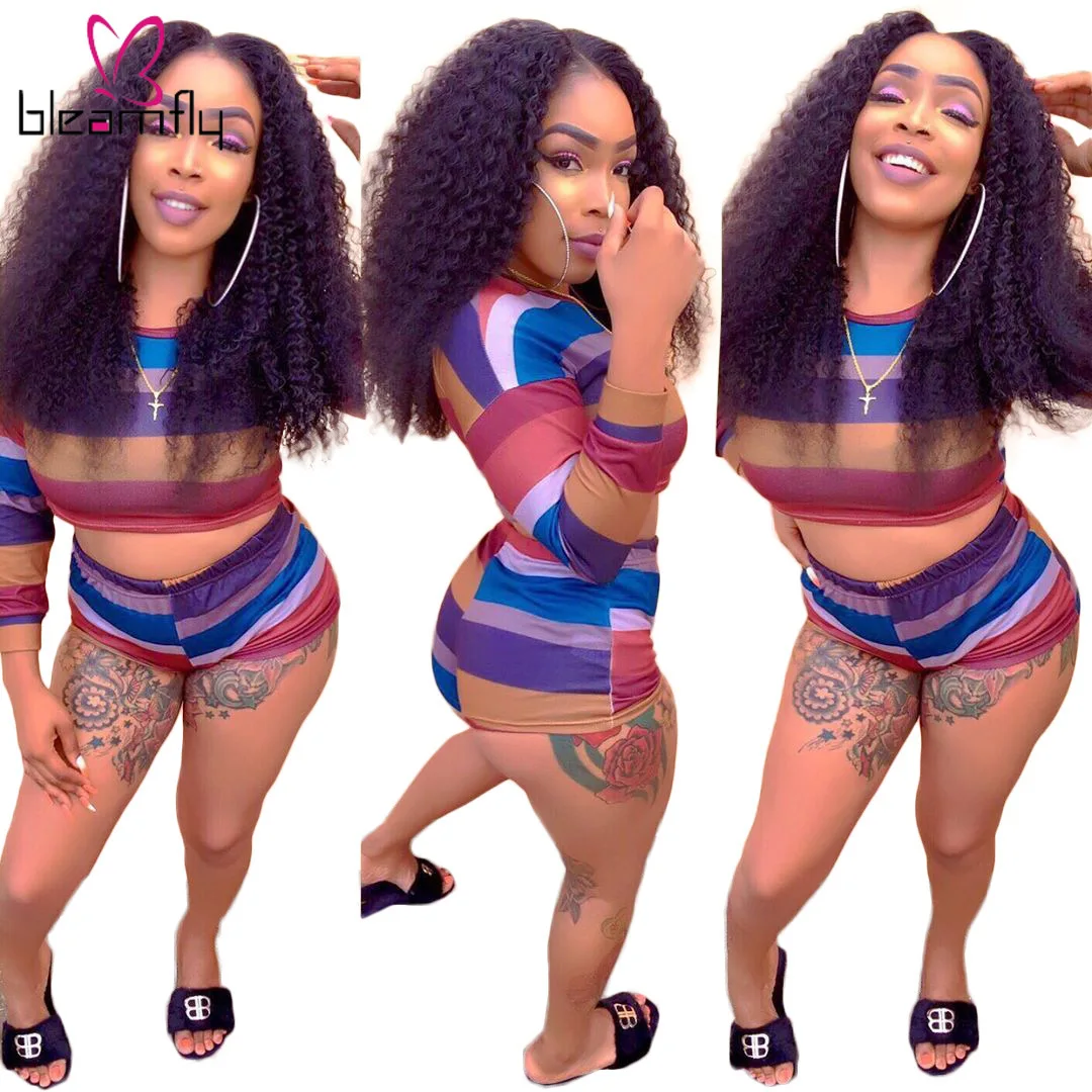 Новинка 2019 женский летний комплект из двух предметов: футболка в цветную полоску