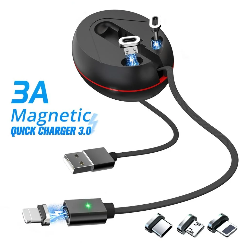

Магнитное зарядное устройство 3 в 1, портативный кабель для быстрой зарядки, Type C, Micro, зарядный кабель, шнур для передачи данных, выдвижной с к...