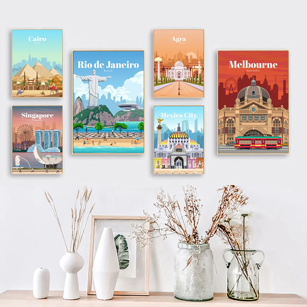 

City Travel Landscape Poster Cairo Melbourne Singapore Mexico Agra Canvas Prints Nordic Wall Art Picture Livingroom Office Decor