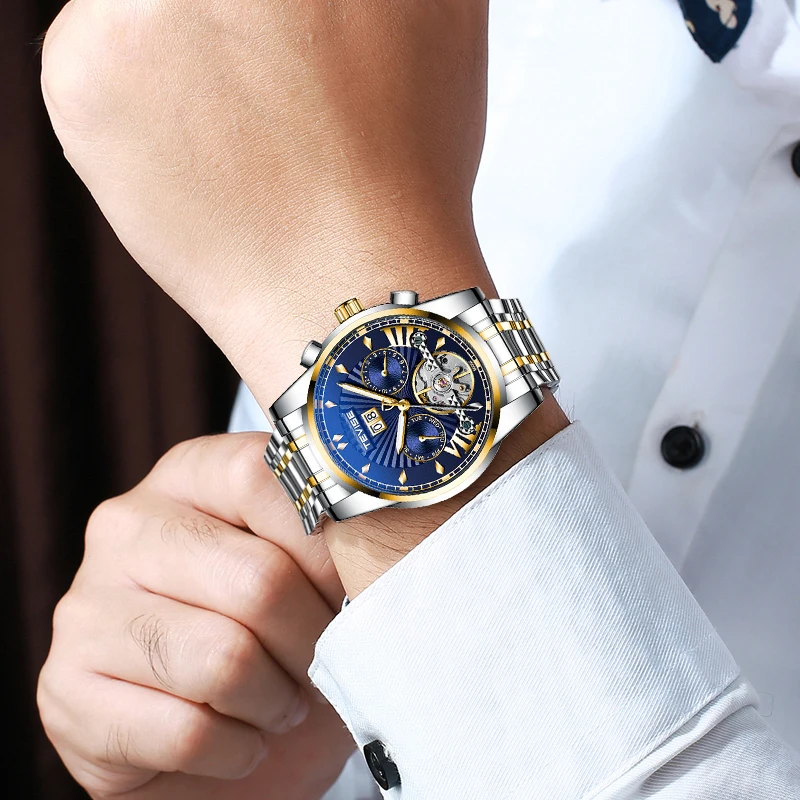 

Top Luxury Brand Tevise Automatic Winding Men's Watch Stainless Steel Tourbillon Calendar Mechanical Watch Men's Business Clock