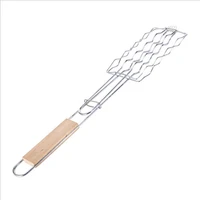 sausage grill net rack bbq grill basket barbecue sausage grilling basket hot dog metal mesh clip bbq rack with wooden handle