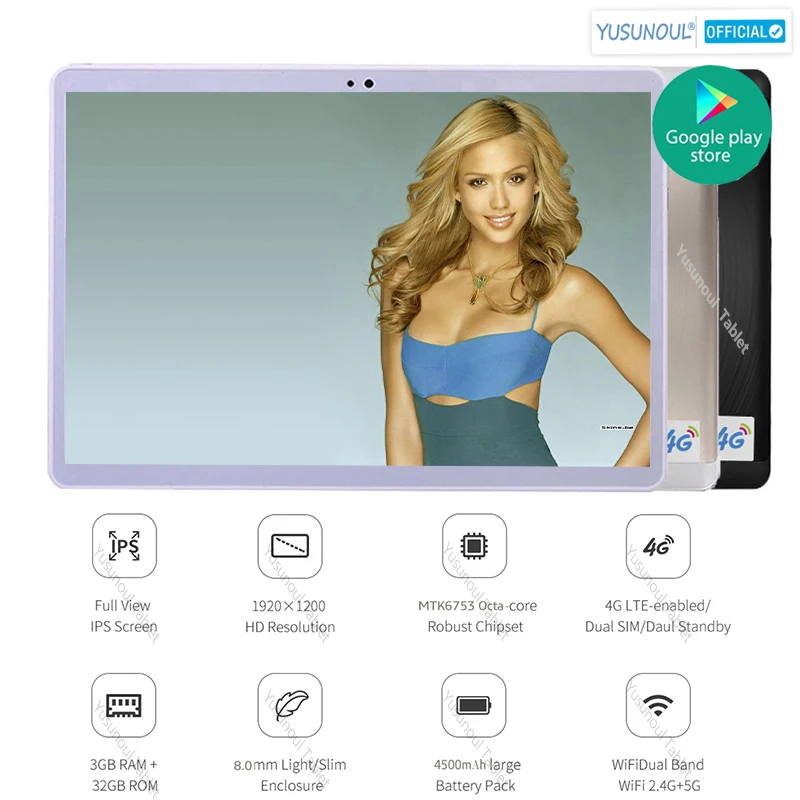 10 дюймовый планшет с разрешением HD 1920*1200 IPS, двумя SIM-картами, 4G FDD-LTE, процессором MT6753 Octa-Core, мощной чипсетом, 3 ГБ оперативной памяти и 32 ГБ встроенной памяти.
