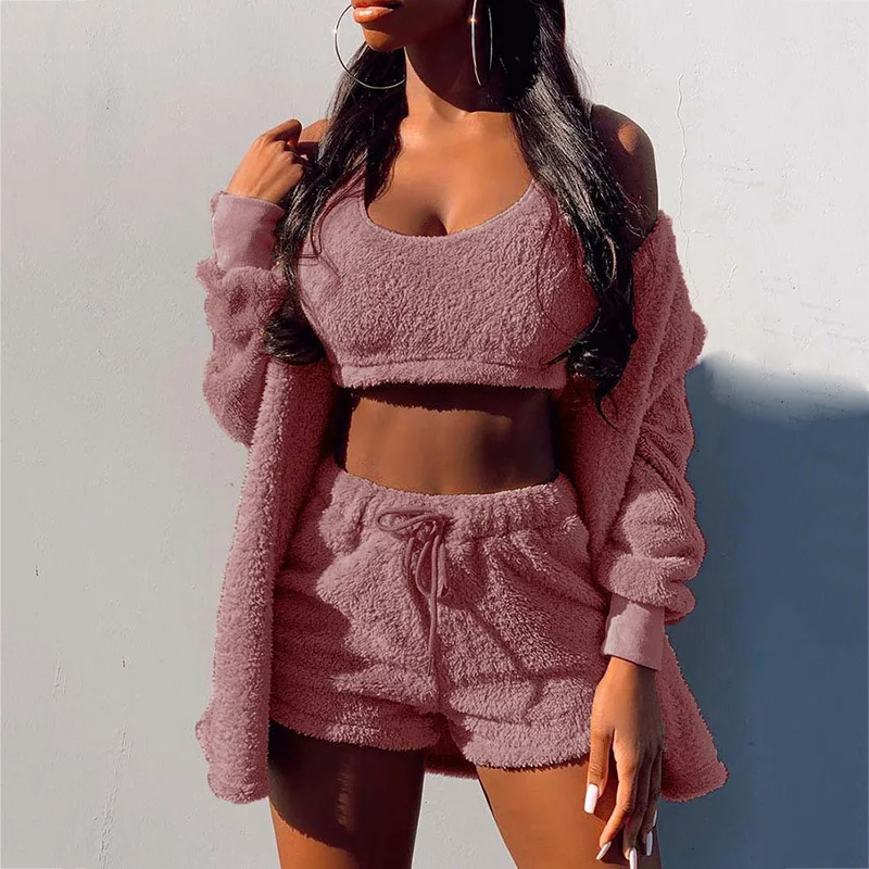 3Pcs Sets Women Winter Outfits Plush Warm Sexy Long Sleeve Pyjamas Sports Sweatshirt Homewear Crop Top Vest Shorts Set Tracksuit |