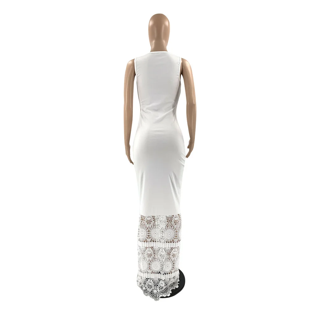 

White Round Neck Sleeveless Floor Length Dress Women Fashion High Waist Lacework Slim Dress Elegant Ladies Bandage Maxi Dresses