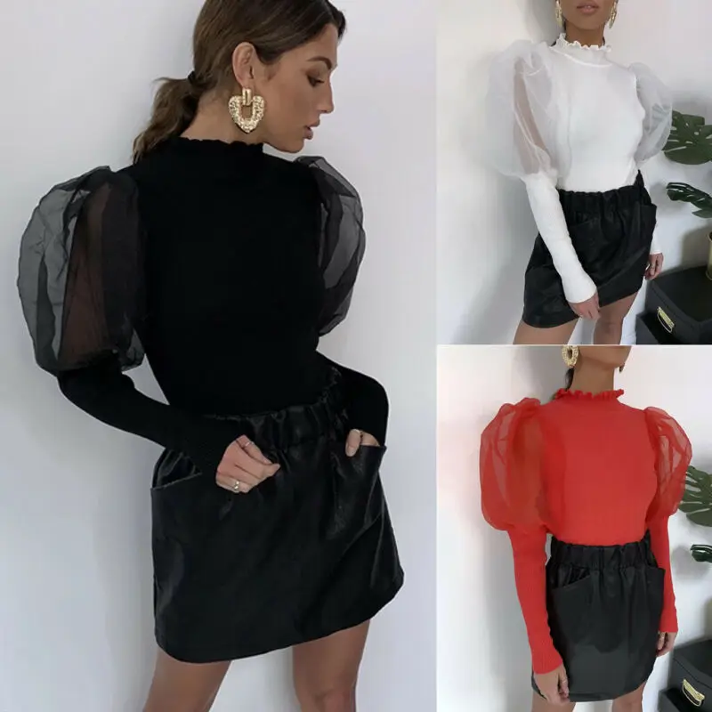 Женская Весенняя сетчатая пышная трикотажная рубашка в рубчик с длинным рукавом