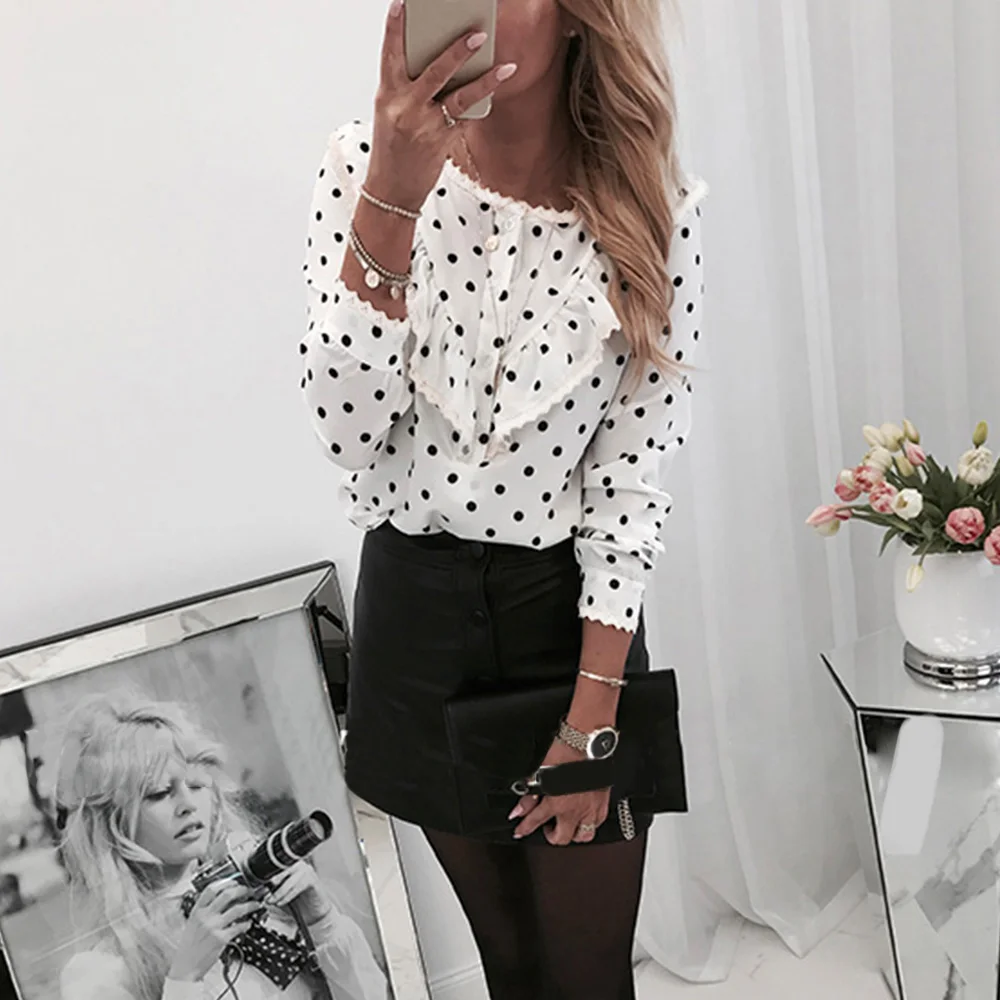 Женская блузка в горошек с рукавами 3/4 женская рубашка круглым вырезом женские