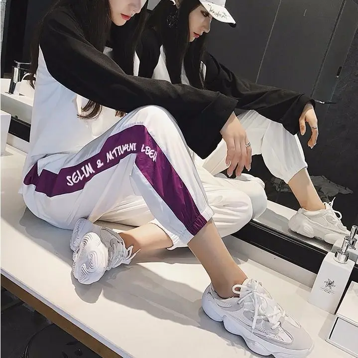 Корейский стиль Ulzzang Высокая талия Твердые свободные шаровары для женщин Jogger тренировочные брюки повседневные брюки карго женская уличная одежда - Цвет: 13