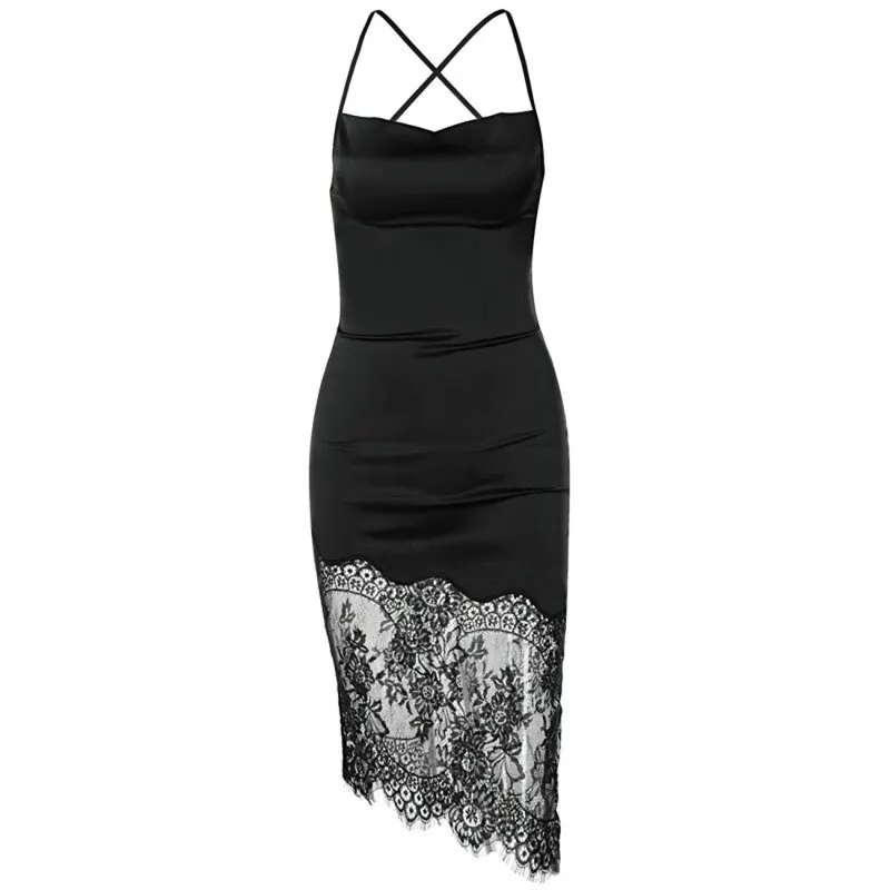 

Puimentiua Spaghetti Strap Lace Bandage Midi Dresses Elegant Party Night Club Fashion Sexy Backless Strap Dress Women Clothes