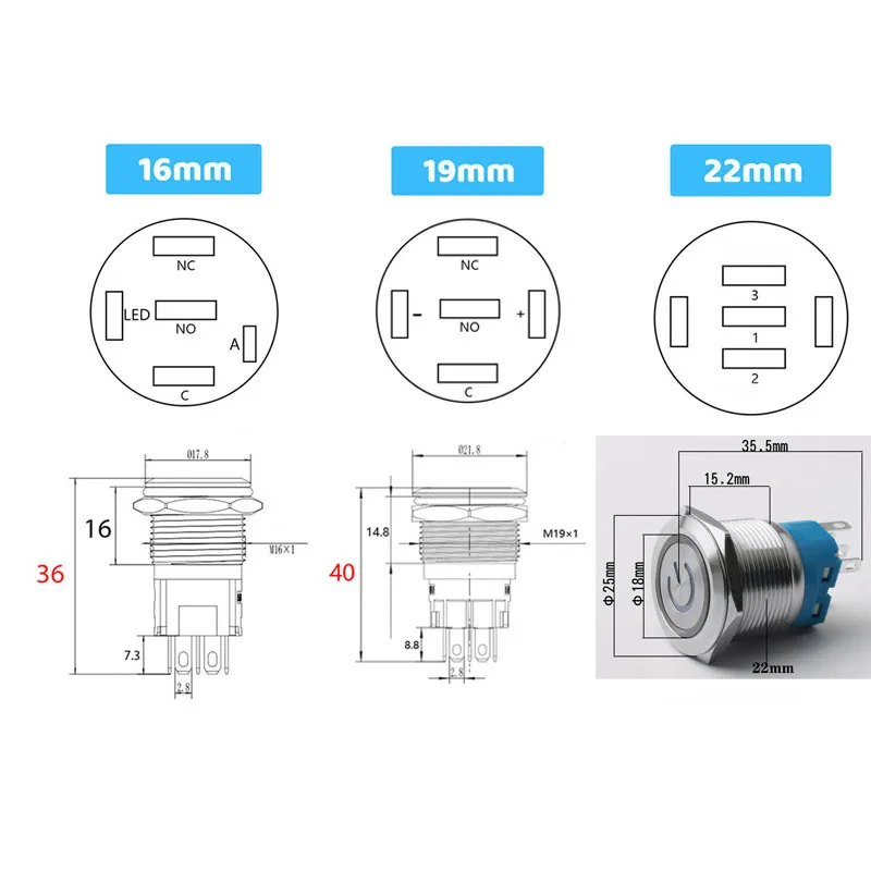 Металлический кнопочный переключатель для автомобиля хромированный черный 16/19/22