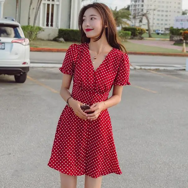 2019 Hot Ruffles Dot Print Summer Dress Vintage Irregular Bow Wrap Short Women Chic Chiffon White Red DF293 | Женская одежда