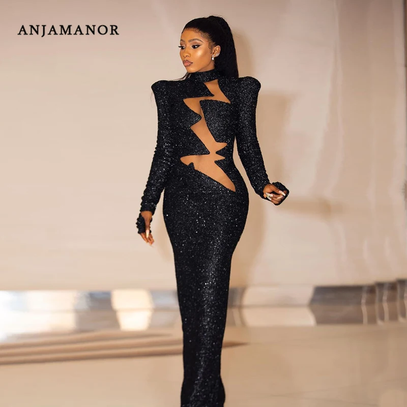 ANJAMANOR Черный блестками облегающие Клубные вечерние Ночное платье пикантные