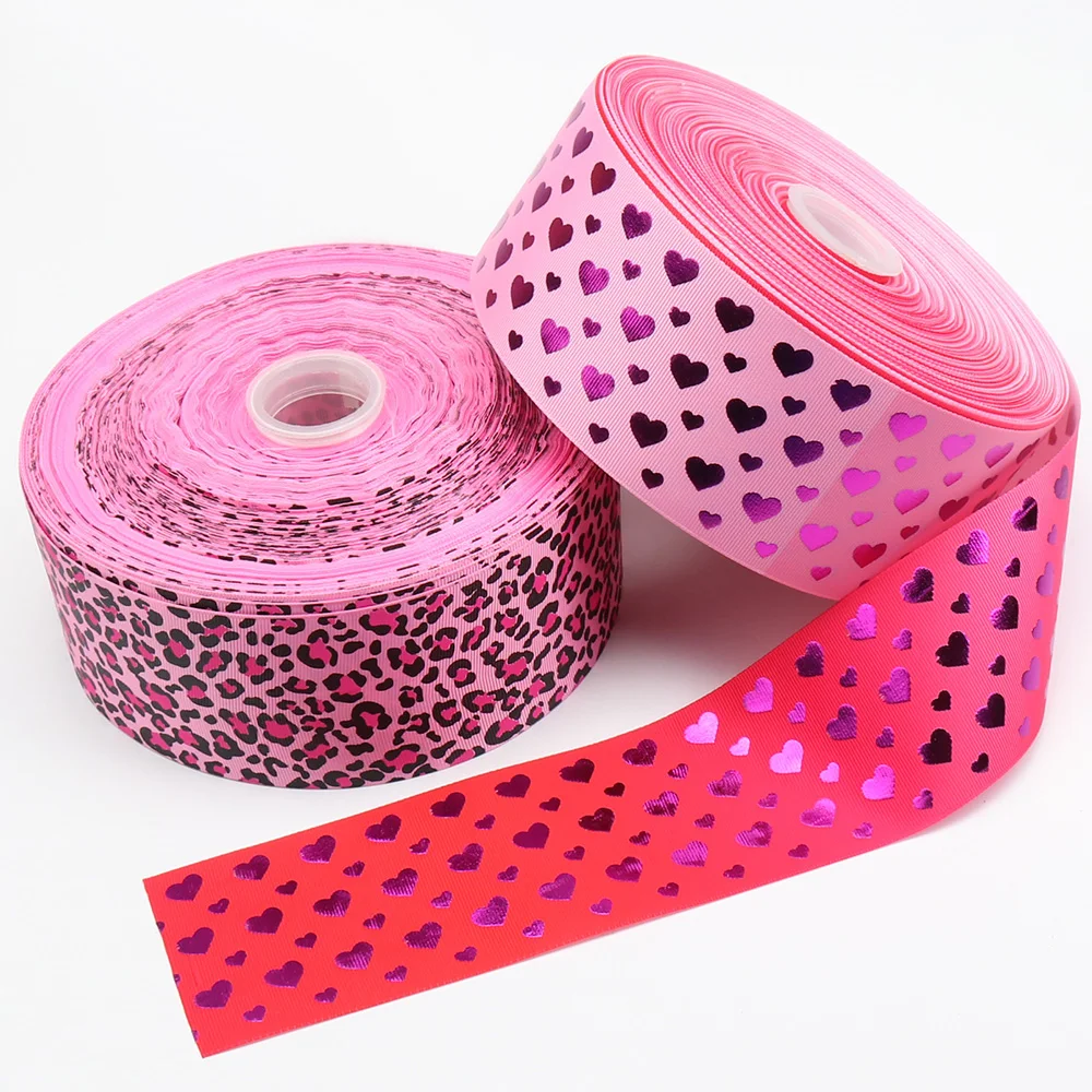

2Yards Pink Leopard Grosgrain Ribbon Foil Heart Printed Ribbon For Needlework DIY Hair Bows Party Decor Gift Wrapping Materials