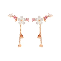 soild 100 14k gold long ear cuff stud earrings for women ladies jewelry gift rhinestone diamond flower stud earrings