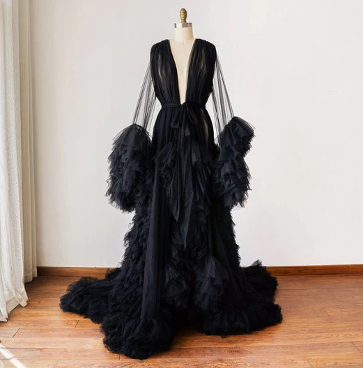 Chic Black Women Tulle Maternity Robes Ruffles Party Prom Tulle Dresses Sheer See Thru Long Sleeves Ruffled Tulle Dressing Gowns