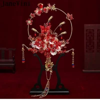 janevini 2021 new style red wedding bouquet bridal fan hollow beaded bride flowers butterfly tassel chinese metal wedding fan
