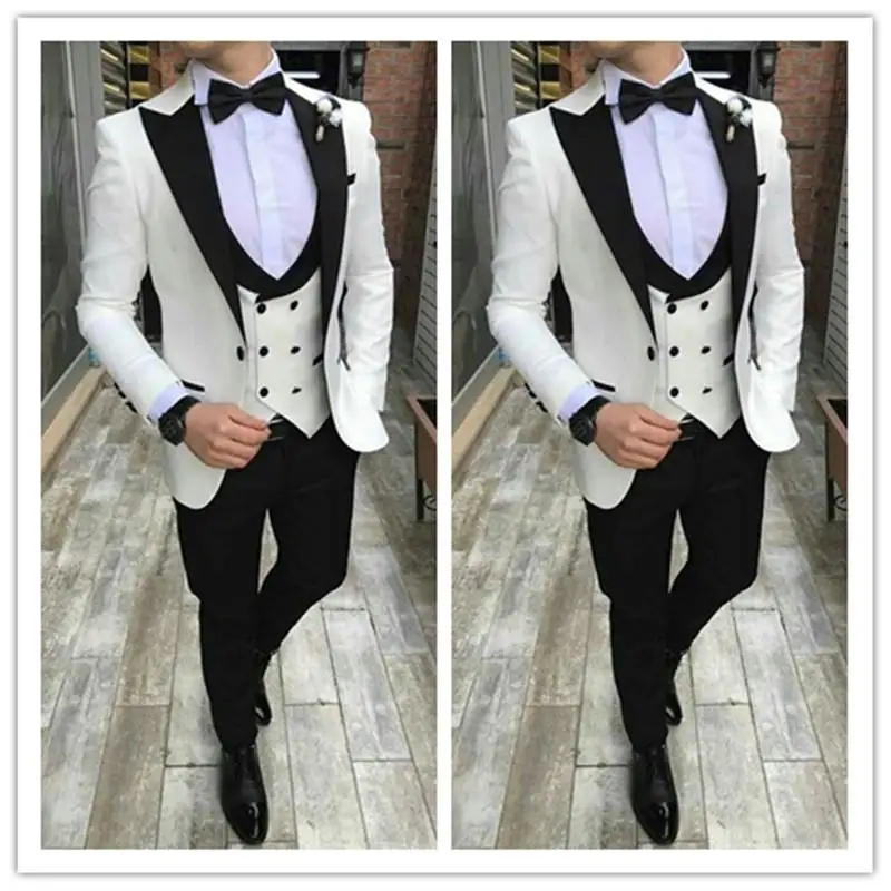 

Tailor Made White Groom Tuxedos Mens Wedding Suits Black Peaked Lapel Man Blazer 3 Piece Slim Fit Male Jacket Double Breast Vest