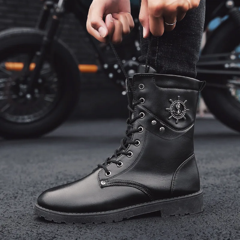 Winter Men Motorcycle Boots Fashion Mid-Calf Punk Rock Punk Shoes Mens BootsLeather Black High top Casual Boot Man