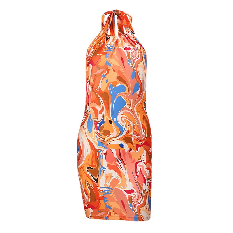 

Printed Mini Dress Women 2021 Summer Sexy Club Party Vestido Halter Neck Strap Slim Fit Buttocks Women Dress Y2K Street Hipster
