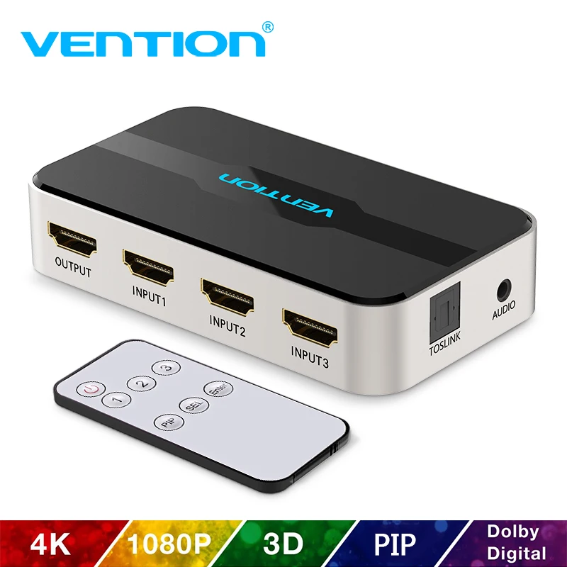 Vention HDMI сплиттер 3x1 4K 3-портовый HDMI коммутатор 3-в-1 выключатель HDMI с Toslink аудио 3D 2160P для Xbox 360 PS4 Smart TV