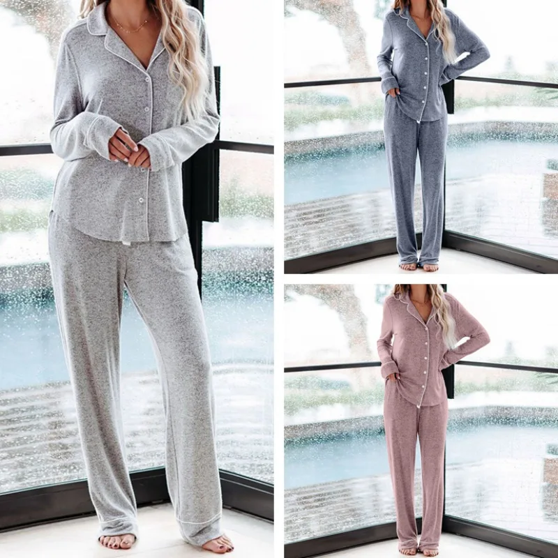 

Ladies Pajama Sets AutumnHome Wear Suit Fashion Comfy Long Sleeve Top And Pants 2 Pcs Solid Color Sleepwear Fast Drop Shipping
