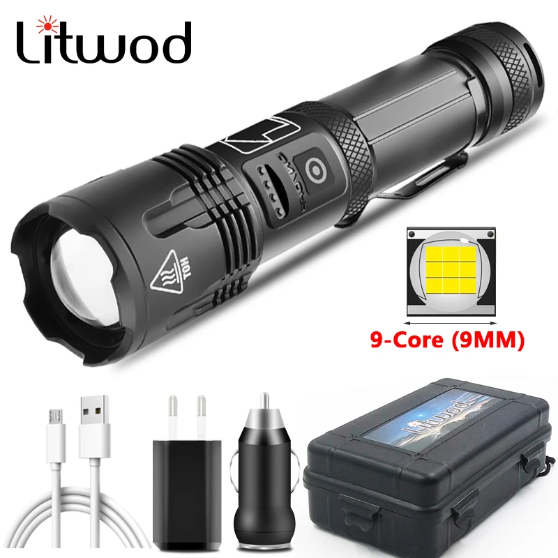 Super Bright XHP100 9-core Led Flashlight Usb Rechargeable 18650 or 26650 Battery Zoomable Power Bank Function Torch Lantern