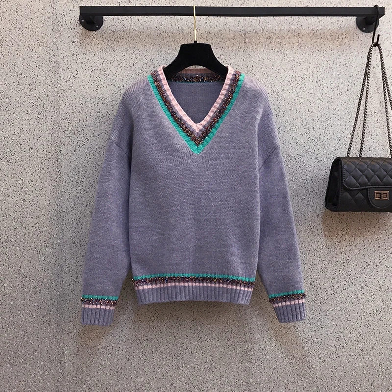 

autumn winter women knitwear big yards clothing set new fashion v-neck sweater skirts two pcs suits