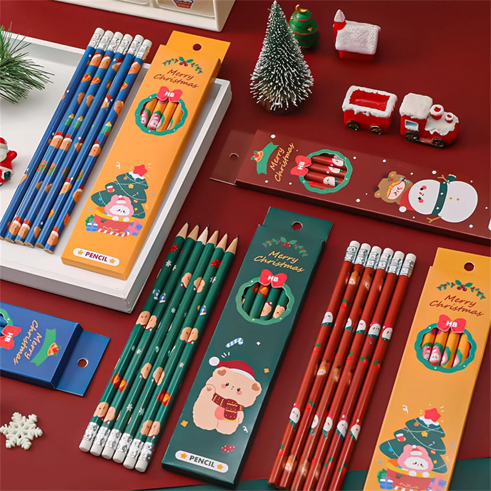 

6pcs/lot Christmas Boxed Pencils Student Writing Drawing Sketch Pen Set HB with Eraser Pencil Stationery School Offfice Supplies