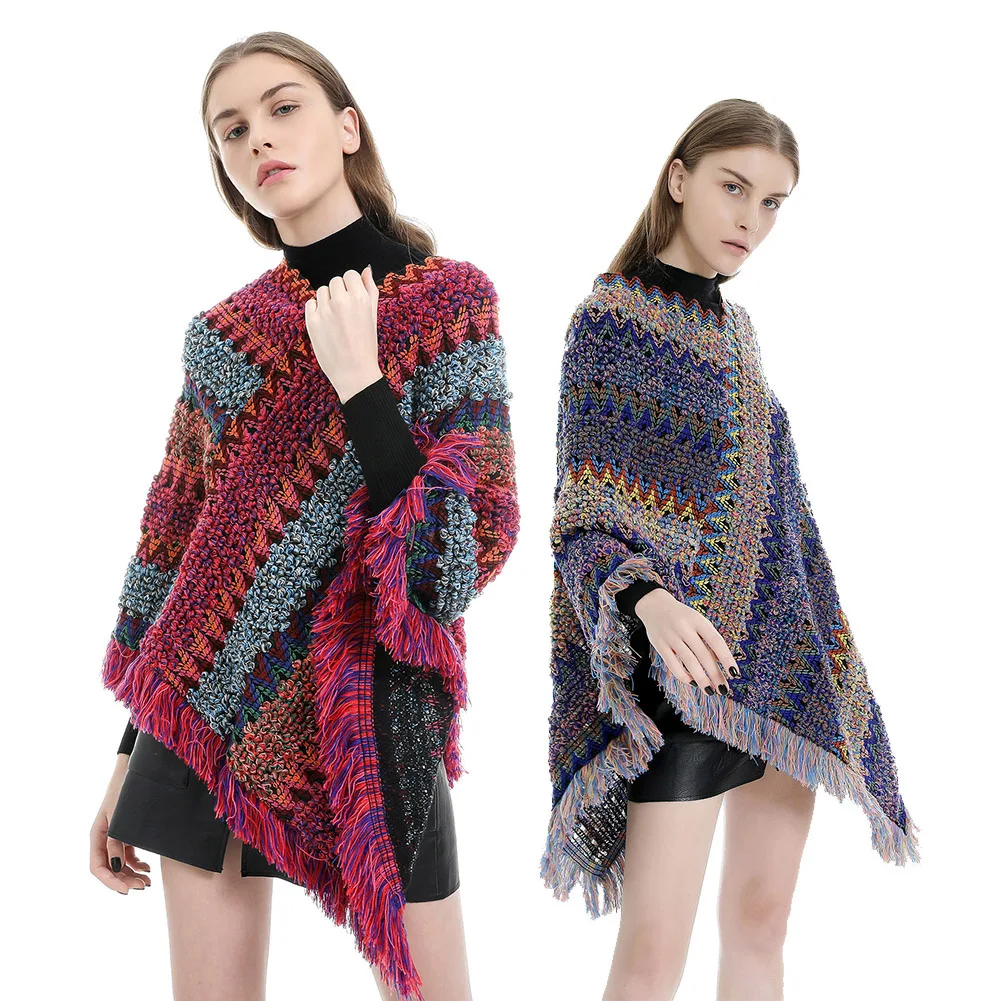 Зимний женский модный волнистый полосатый вязаный шарф пончо свитер с