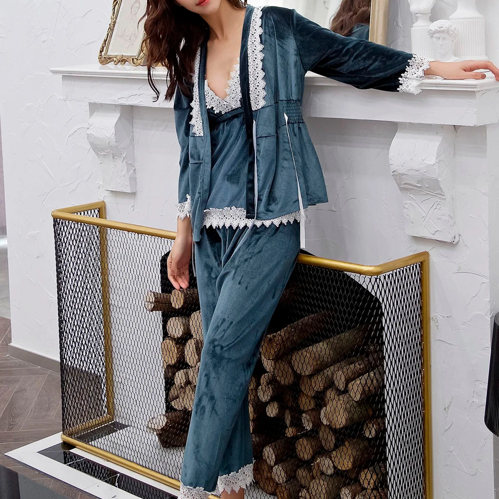 3 шт. Женские пижамы кружевные золотые бархатные ночнушки комплект ночной