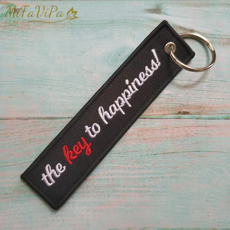 

Drop Shipping Fashion Trinke Keychains for Motorcycle Embroidery The Key to Happiness Customized llavero Gifts Trinket