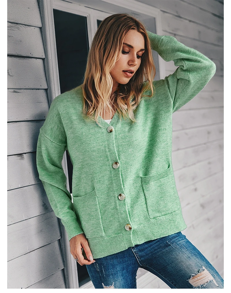 

Fashion V-neck Casual Cardigans 2020 Autumn Winter New Single Breasted Cardigan Women Full Sleeve Pocket Knitted Sweater Tops