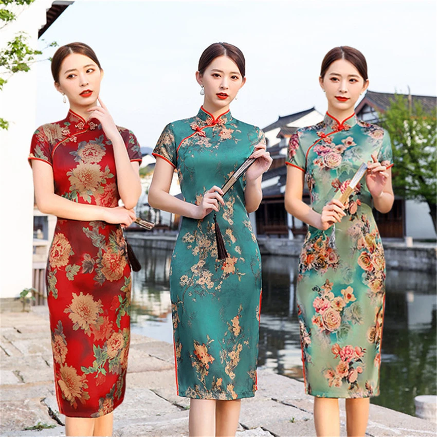 Женское платье Ципао в китайском стиле винтажное элегантное с коротким рукавом и