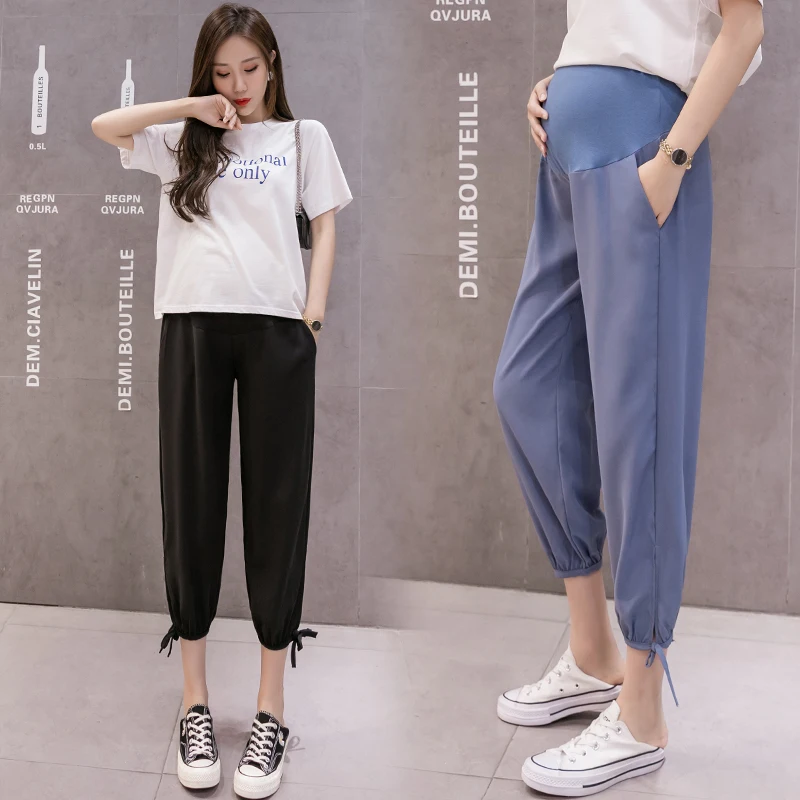 Summer Cool Ice Feel Maternity Jogger Pants Elastic Waist Belly Straight Loose Clothes for Pregnant Women Casual Pregnancy