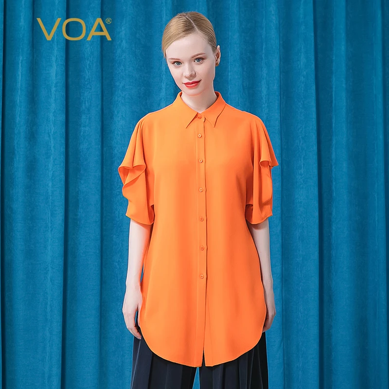 Verkauf VOA 2021 Sommer Seide Polo-Neck Bluse Fliegen Ärmeln Orange Tops BE556 Einreihige Multi-taste Gebogene Saum Lose Plus Größe Shirts