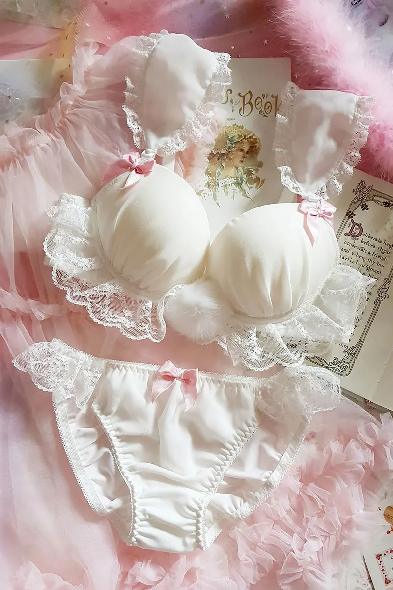 

Lolita Cute Lace Rabbit Ears Thick Small Chest Gathering Bra & Panties Set Japanese Style Girl Sexy Women's Underwire Lingerie