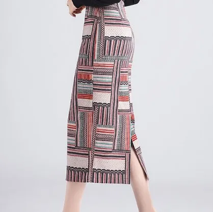 Винтажные шерстяные юбки в этническом стиле, женская сексуальная узкая длинная юбка с высокой талией, на невидимой молнии, с разрезом, с принтом, для осени, DS50916