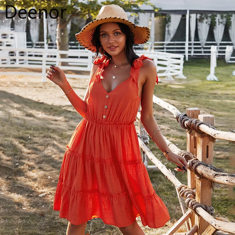 

Deenor Chiffon Dress V-neck Sexy Lace-up Vest Dresses 2021 Summer Women Black Casual Holiday Style Beach A-line Sling Dress
