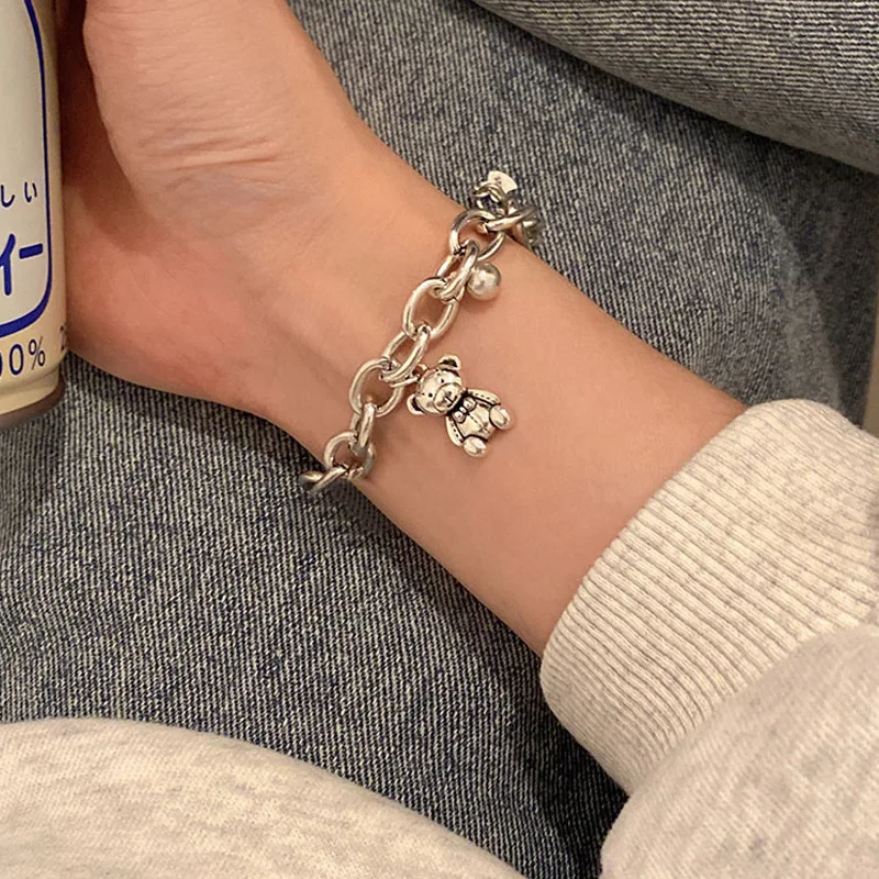 

2021 New Fashion Simple Hip Hop Silver Color Bear Pendant Chain Bracelet Bangles for Men and Women Wholesale