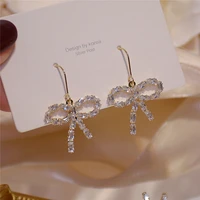 trendy hot sale 14k real gold long bow and lovely temperament stud earrings for women cubic zircon zc earrings