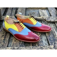 mens handmade high quality pu color matching color hollow lace up pointed toe low heel fashion casual brogue shoes
