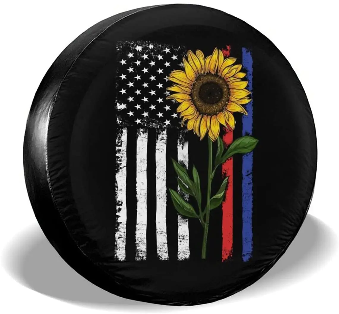 

15" Sunflower Spare Tire Cover, American Flag Polyester Blue Red Line Dustproof for Jeep Trailer RV SUV and Many Vehicle